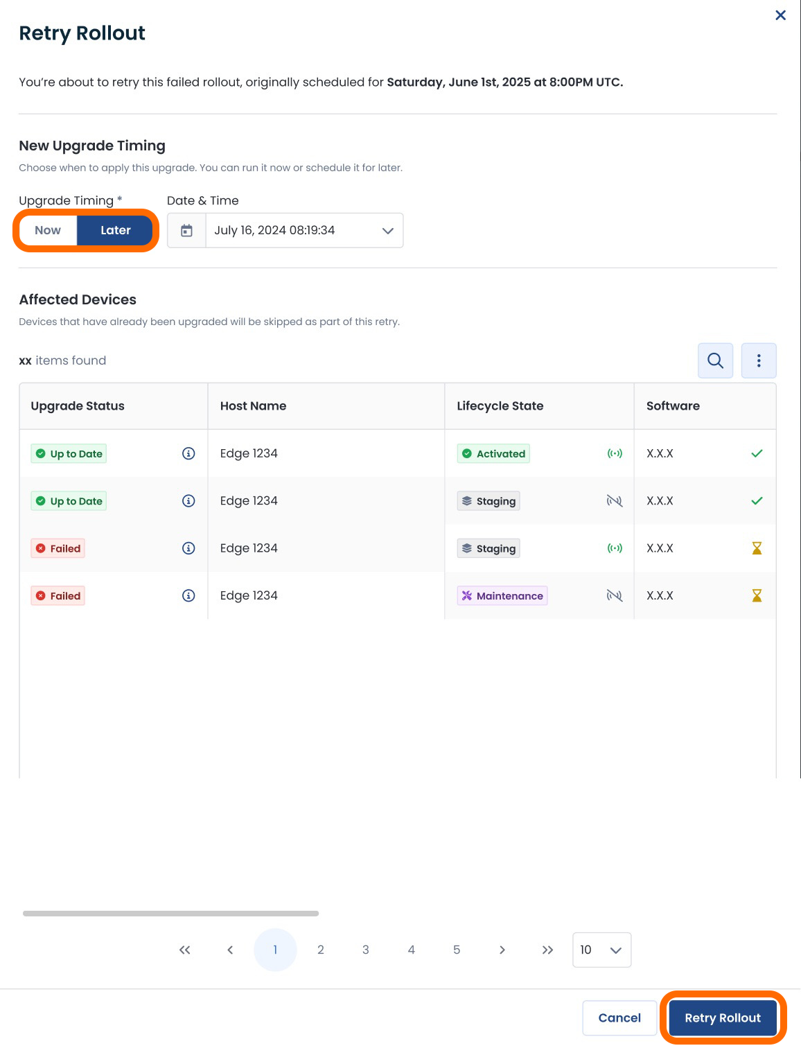 Retry rollout options for software upgrade, including timing and affected devices listed.
